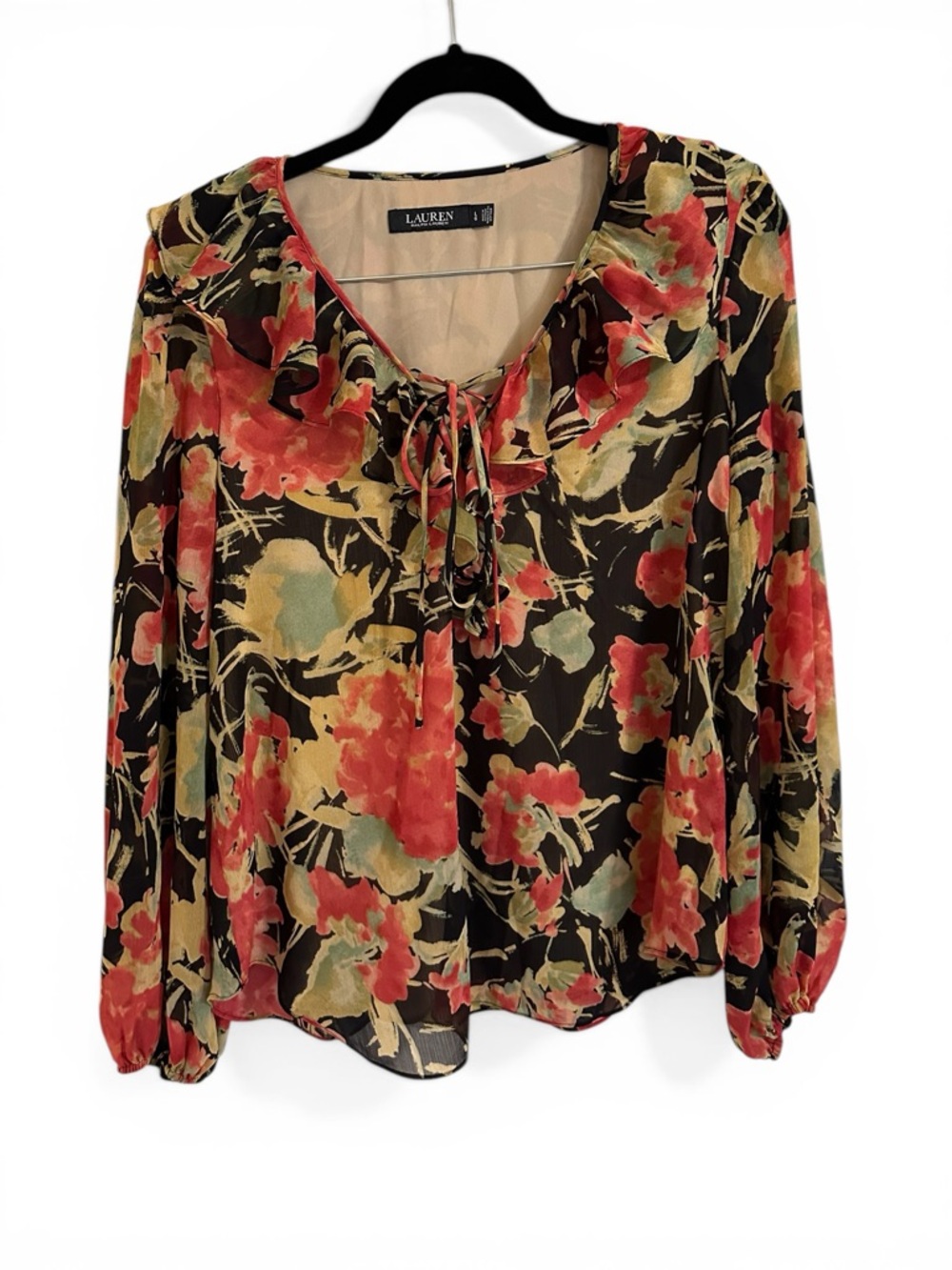 Lauren Ralph Lauren Floral Ruffle V-Neck Tie Chiffon Blouse Top Black Red Size L